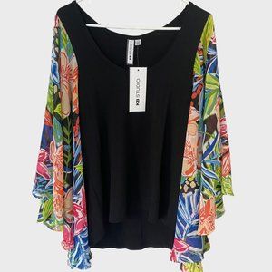 KB Studio Floral Print Blouse Womens Large Black Multicolor Drape Sleeve Top New